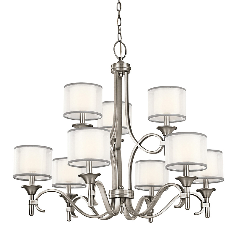 Люстра с белыми тканевыми абажурами в прозрачных стеклянных цилиндрах Kichler Белый Бежевый Никель Бронза Прозрачное Стекло в Омске | Loft Concept 
