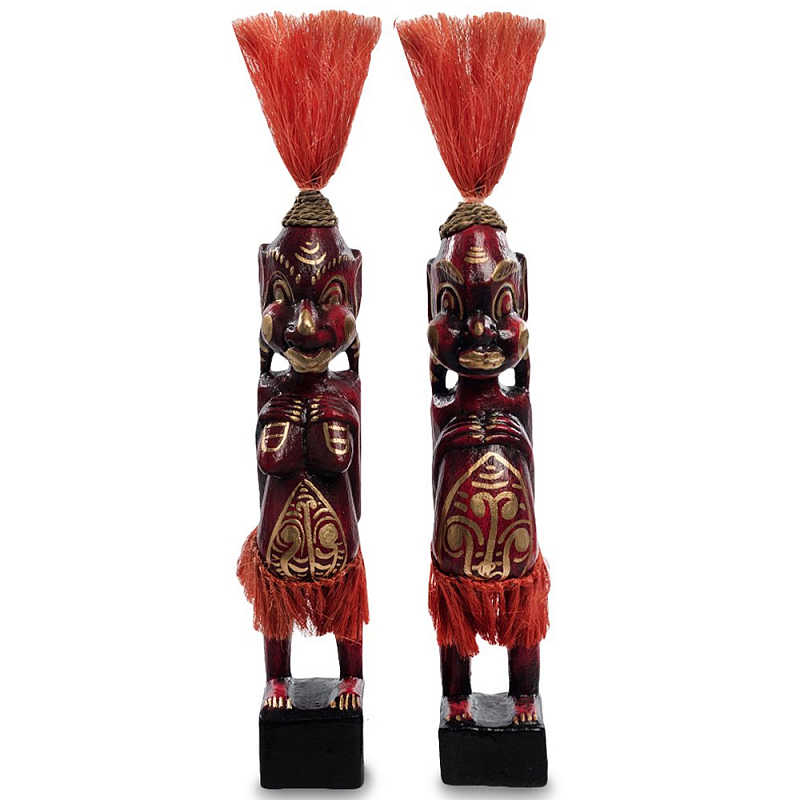 Комплект из 2-х деревянных статуэток Asmat Red Straw Headdress Statuettes Red Gold Красный Золотой в Омске | Loft Concept 