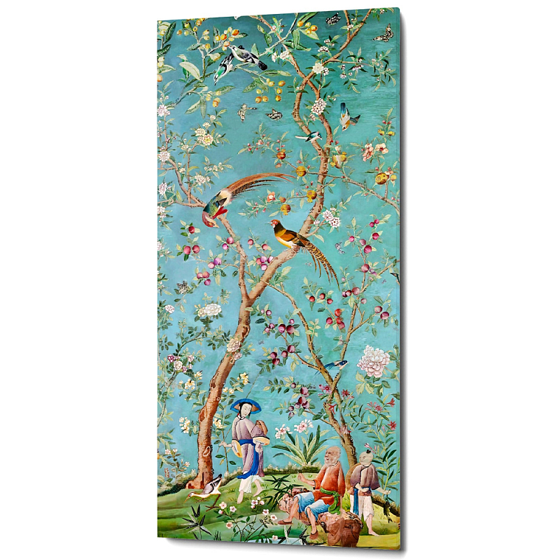 Постер на холсте в стиле шинуазри с изображением сада Chinoiserie Imperial Garden Birds and People Poster Мульти Бирюзовый в Омске | Loft Concept 
