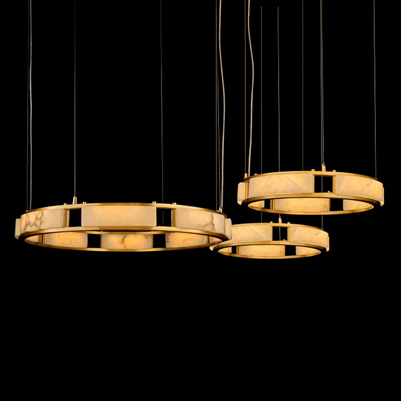 Люстра подвесная с 3-мя кольцами из натурального камня Golden Alavastor Латунь Белый в Омске | Loft Concept 
